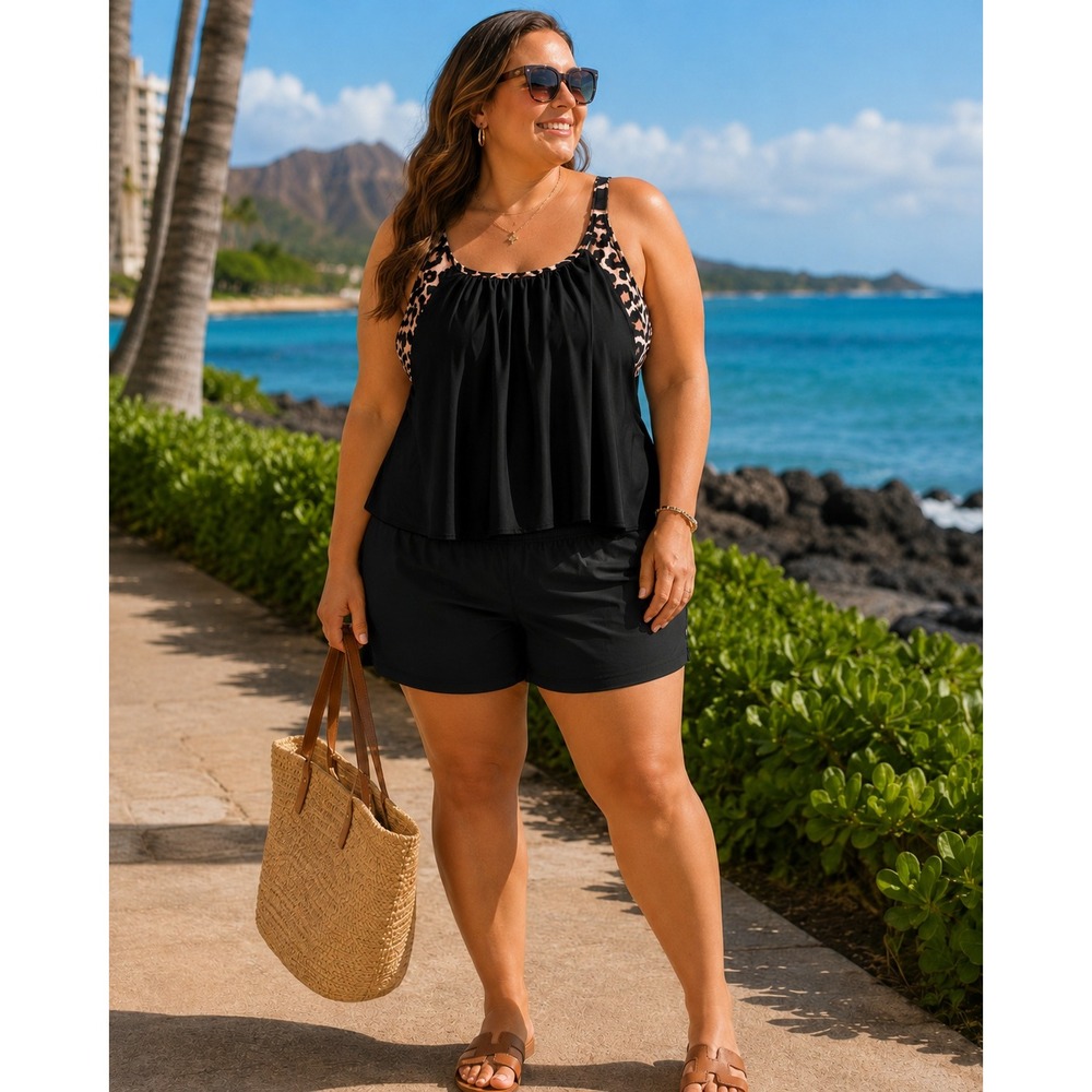 Plus Size 3X Black Leopard Tankini Top Adjustable Strap Swimwear Blouson Resort